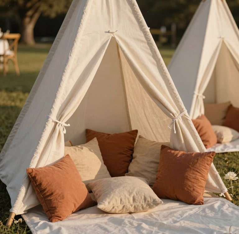 Warm editorial photography of a beautifully styled children's corner at an outdoor wedding, canvas teepee, linen cushions in terracotta and sand tones, soft golden hour light, 35mm