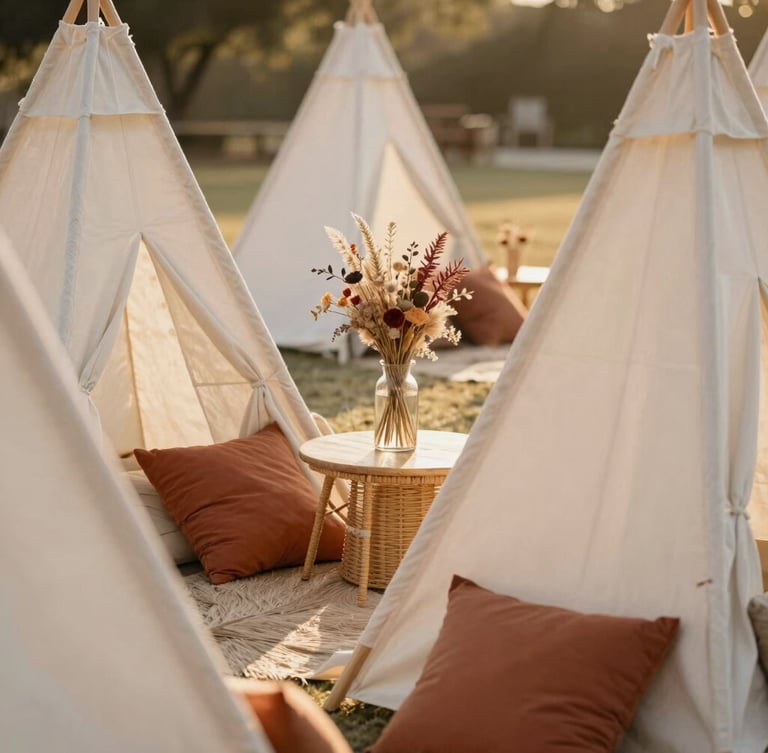 Close-up of a beautifully styled children's corner at an outdoor wedding, canvas tipis, terracotta cushions, dried flowers, warm golden sunlight, 35mm editorial photography
