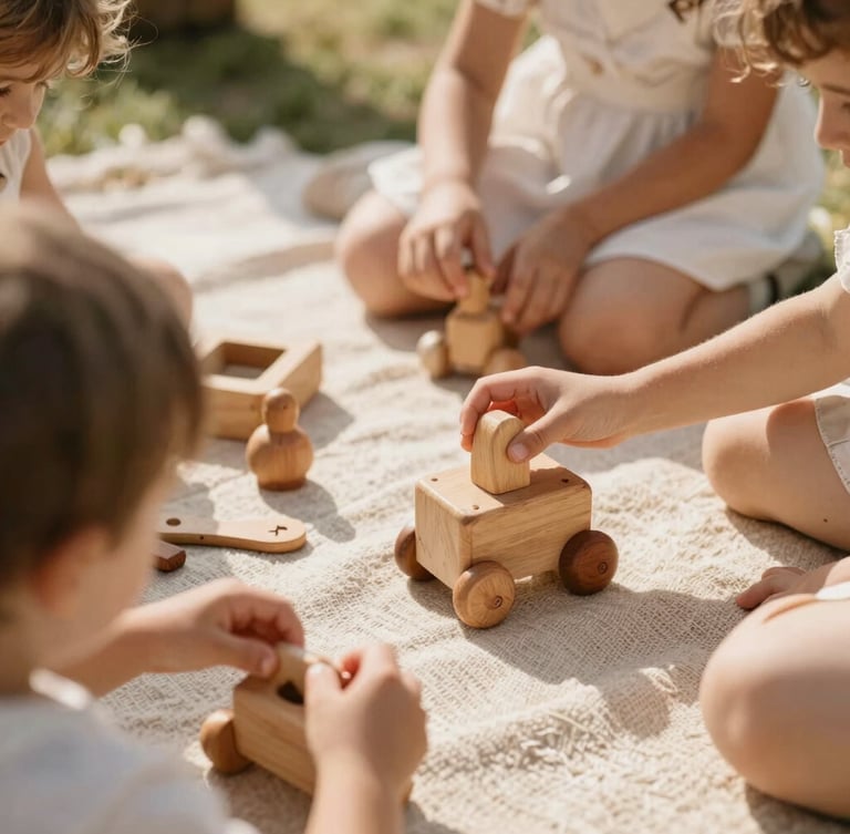 Close-up of children playing with handcrafted wooden toys on a linen rug, warm natural shadows, elegant outdoor wedding setting, 35mm