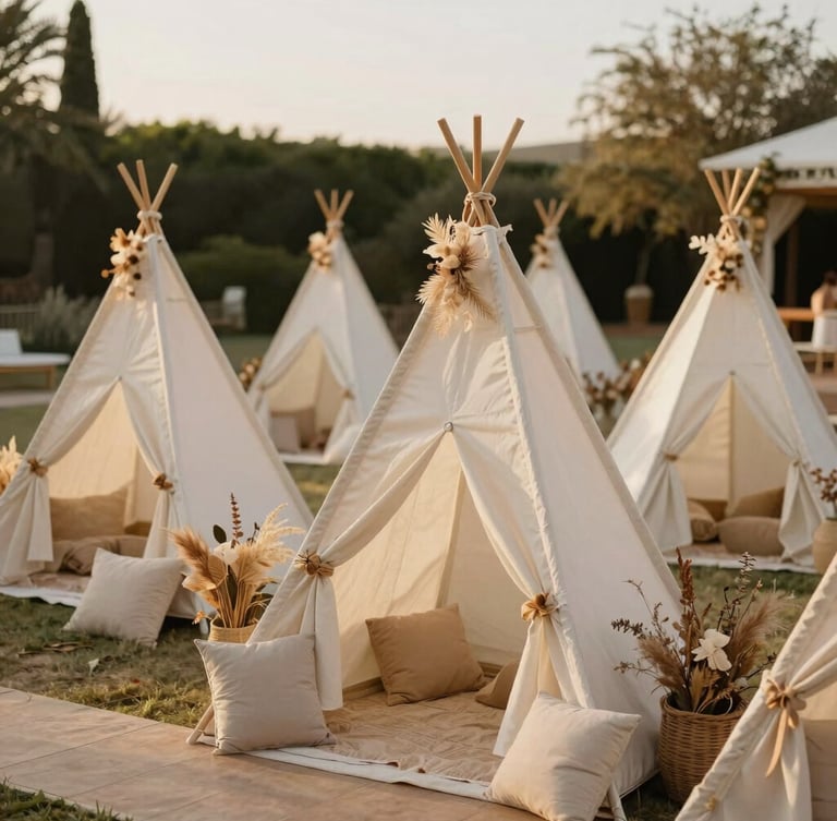 Medium shot of a beautifully decorated children corner at an outdoor Andalusian wedding, canvas teepees, neutral cushions, dried flowers, warm golden-hour light, 35mm