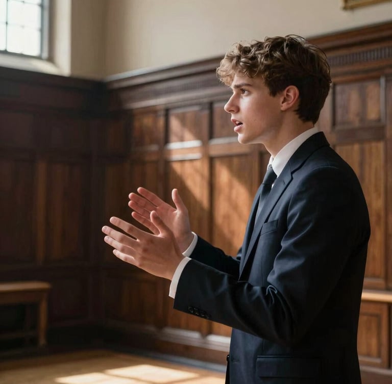 Dramatic side-profile of a student in a dark blazer speaking intensely, hand gesturing for emphasis, sharp natural window light cutting across a historic wood-paneled hall.