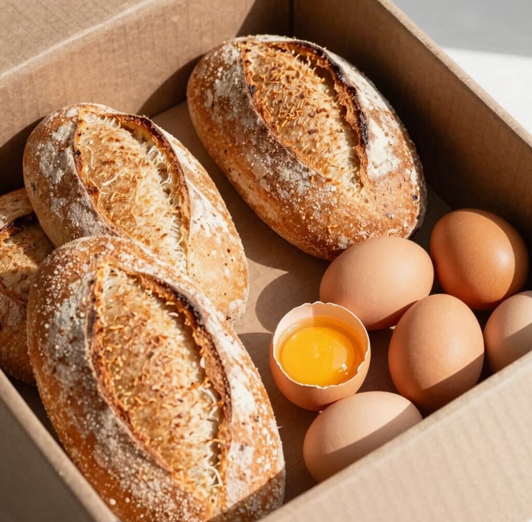 A pile of crusty daily loaves of bread and brown eggs with sun-yellow yolks in a cardboard crate, bright direct sunlight, sharp graphic shadows, 50mm lens.