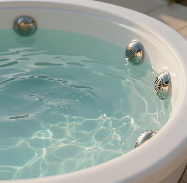 Close-up of water rippling over a pristine white acrylic spa shell with polished stainless steel jets, clean lines, high-end architectural detail, soft daylight