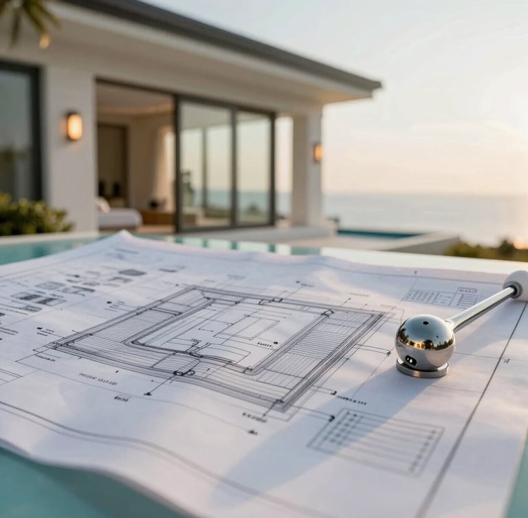 Close-up architectural blueprint of a luxury villa with a dedicated wellness zone, overlayed with a technical drawing of spa plumbing and stainless steel jet placements, clean lighting