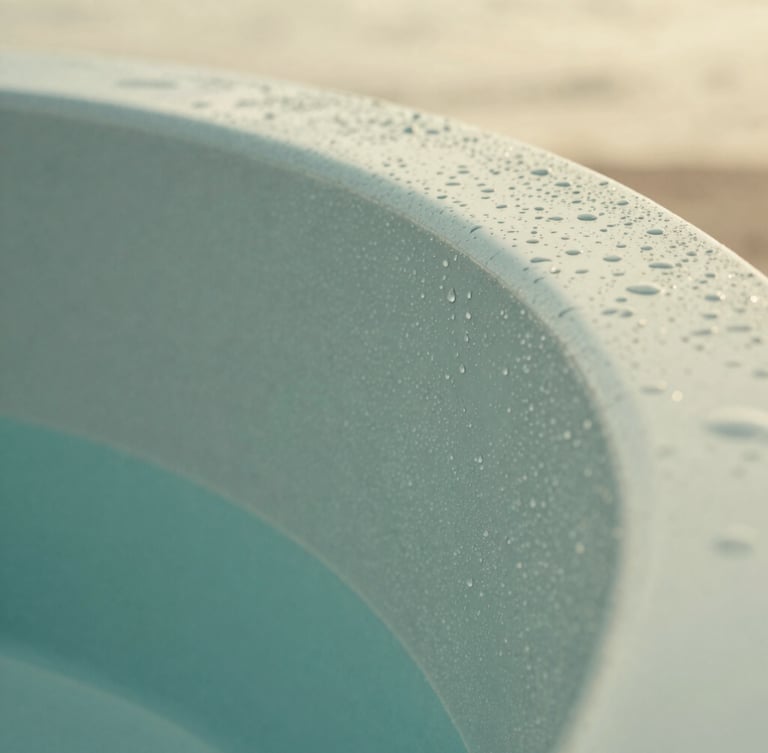Extreme close-up of a seamless curved acrylic spa corner, water droplets clinging to the polished teal surface, soft overcast daylight highlighting the premium material texture