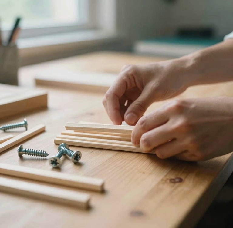 Close-up of hands organizing wooden dowels and steel screws on a clean wooden workbench, warm natural lighting, shallow depth of field, 35mm