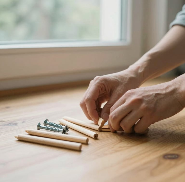 Hands organizing wooden dowels and metal screws on a clean oak floor, warm natural window light, shallow depth of field, 35mm