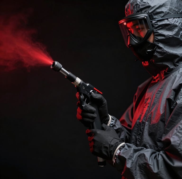 Close-up of a professional pest control technician in a clean dark grey protective suit, holding a precision spraying nozzle, dramatic high-contrast lighting, deep black background with a sharp red light reflection, 35mm lens