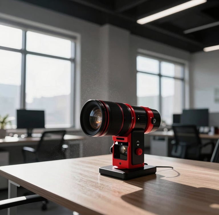 A clean, perfectly sanitized modern office space with sunlight streaming through large windows, highlighting dust-free air, sharp technical photography, high contrast