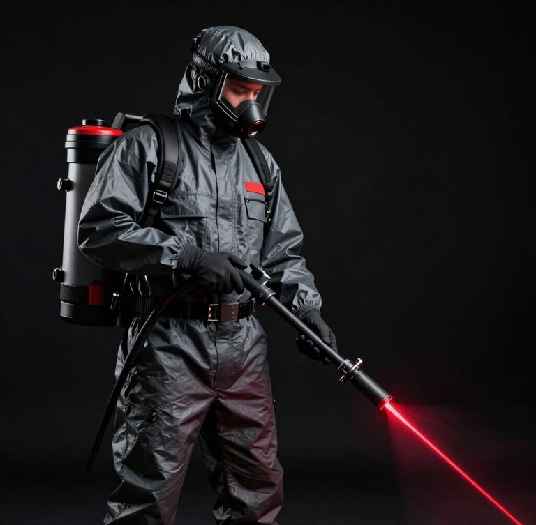 Professional pest control technician in clean dark grey protective gear using high-precision thermal fogger equipment, dramatic high-contrast lighting, deep black background, vivid red laser guide light, 35mm lens, sharp technical photography