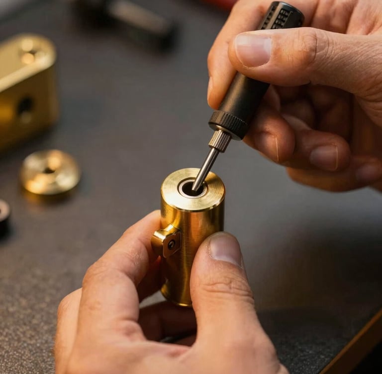 Macro shot of a professional locksmith's hands using precision tension tools on a high-security brass cylinder lock, warm ambient light, 50mm