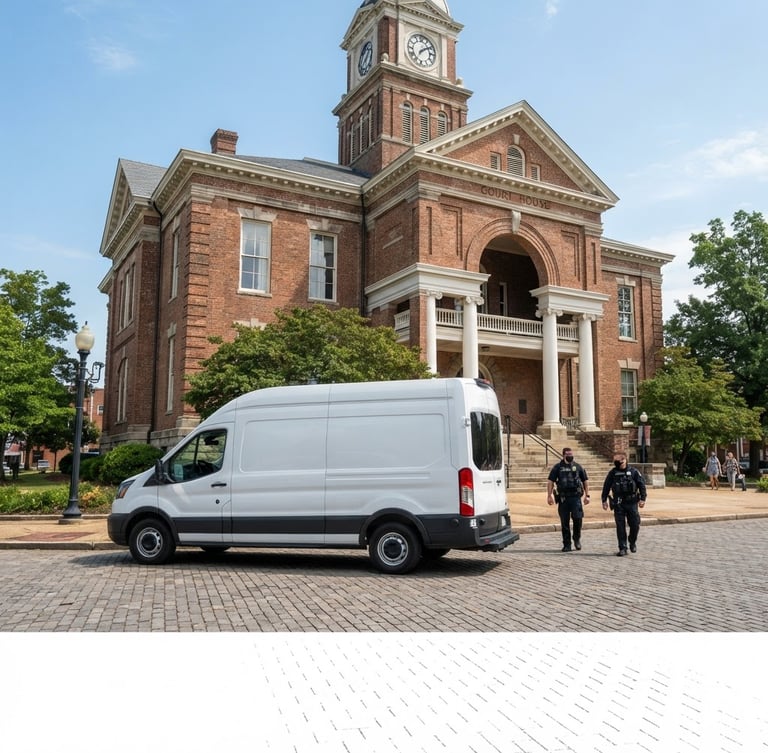 A clean white secure logistics transit vehicle parked outside a classic brick county courthouse, bright natural daylight, sharp focus, professional documentary style