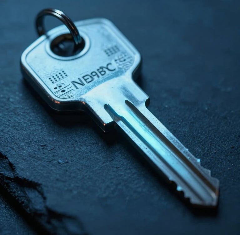 Macro close-up of a physical security key glowing with a sharp azure light, dark slate background, cold cinematic photography, 35mm lens.