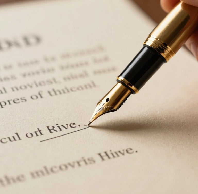 Extreme close-up of a heavy gold fountain pen signing a formal legal petition on thick cream-colored paper, deep side-lighting, sharp contrast