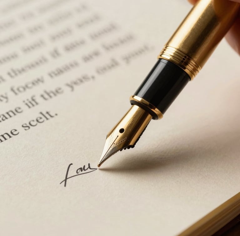 Extreme close-up of a heavy gold fountain pen signing a formal legal petition on thick cream parchment paper, dramatic side-lighting with deep shadows.