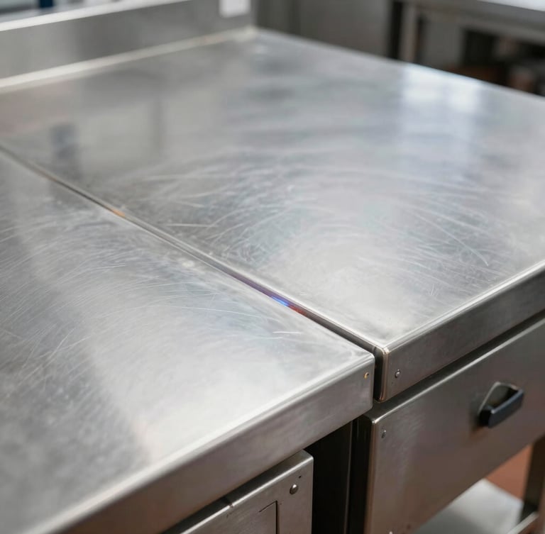 Close-up of a high-precision weld on a polished stainless steel commercial kitchen counter, bright industrial lighting reflecting off the metal surface, sharp focus on the clean seam