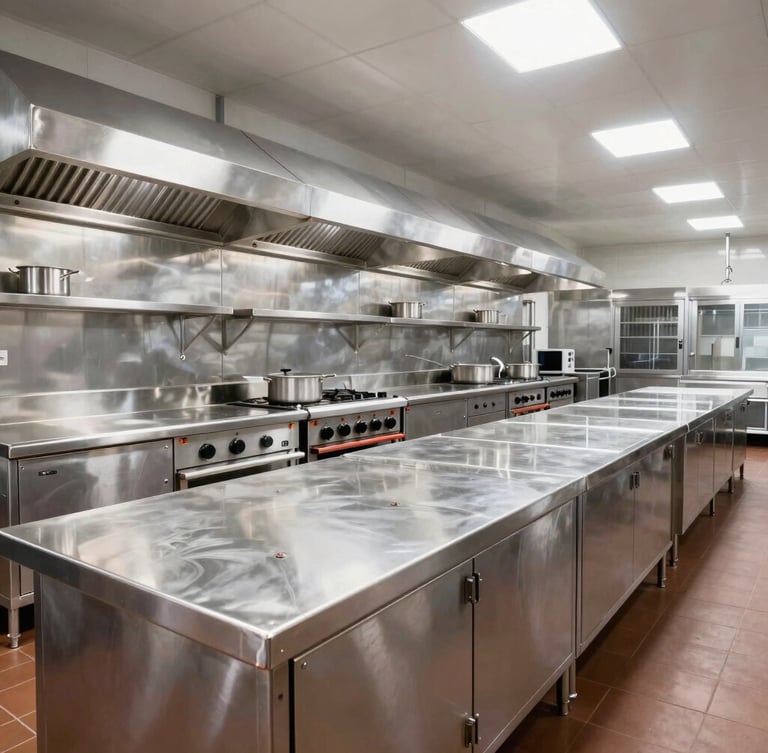 Bright industrial photography of a massive, gleaming commercial kitchen line, polished heavy-gauge stainless steel counters, clean welds, high-key overhead lighting, 24mm wide-angle.