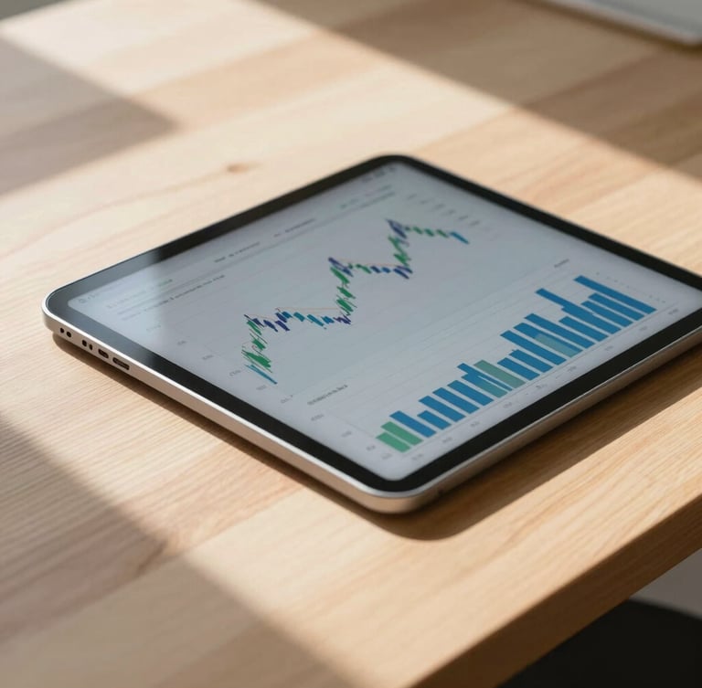 Close up of a modern digital tablet displaying financial graphs on a clean oak desk, bright natural daylight, soft architectural shadows