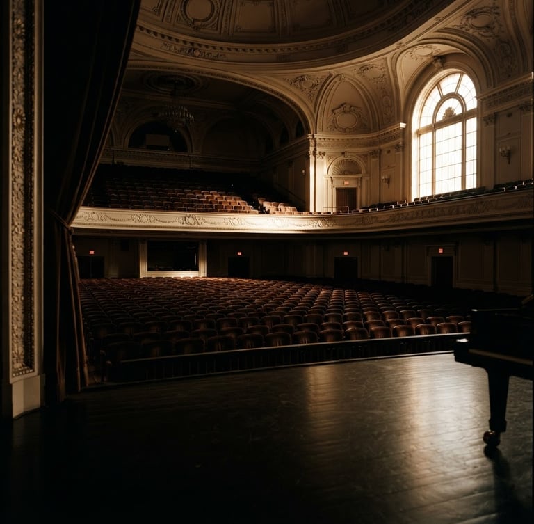 Wide shot of an empty, grand concert hall bathed in dramatic low-key window light, velvet seats, and polished wood, viewed from the stage, amber tones, 35mm