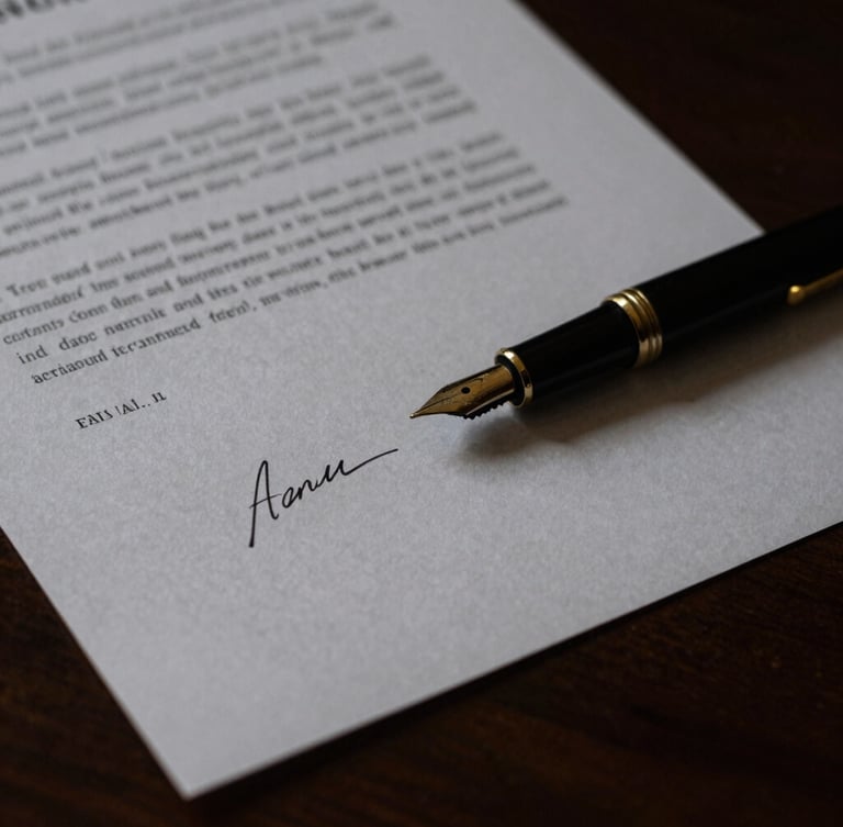 Close-up of a signed legal document on a dark wooden table, fountain pen resting on heavy textured paper, dramatic low-key lighting, gold accents, shallow depth of field