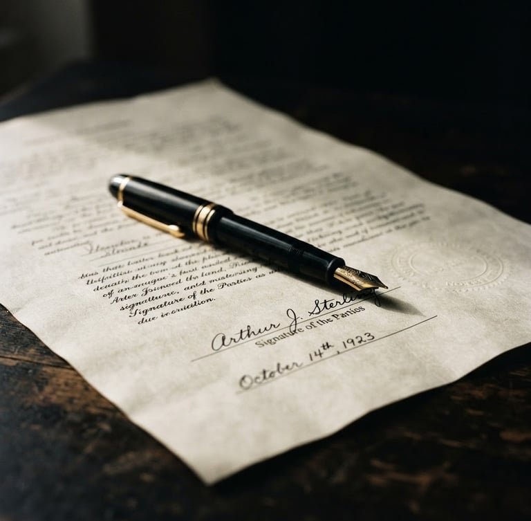 Dramatic low-key close-up of a high-end fountain pen resting on a signed legal document, textured heavy paper, soft directional gold window light casting deep shadows, 35mm photography