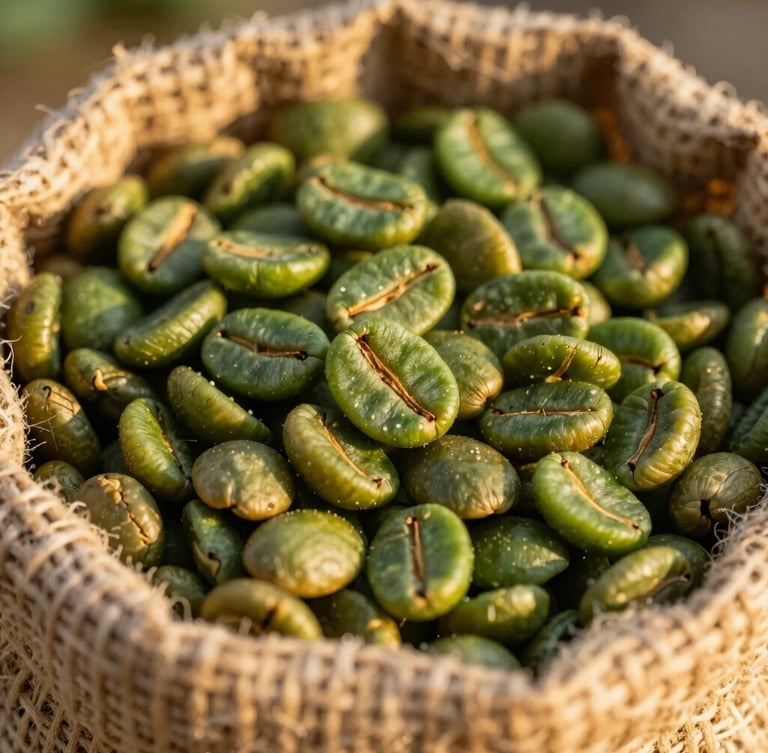 Macro photograph of raw green coffee beans inside a burlap sack under dramatic golden hour sunlight, sharp focus, 35mm