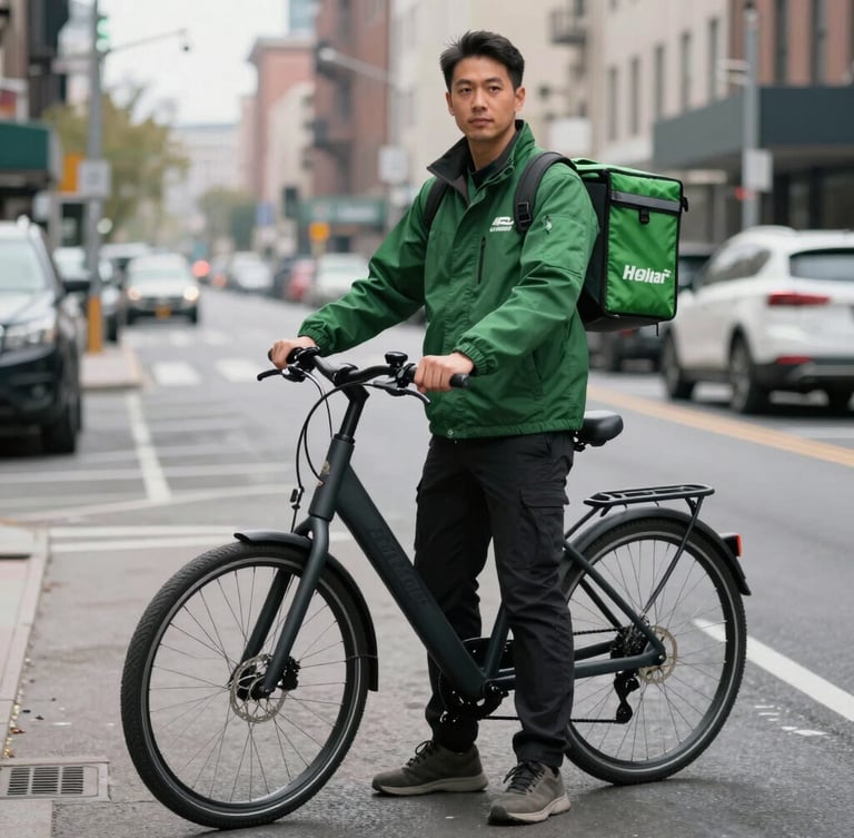 A portrait shot of a professional courier in a clean dark green jacket standing next to an electric bicycle on a clean Manhattan street, overcast daylight, sharp focus.