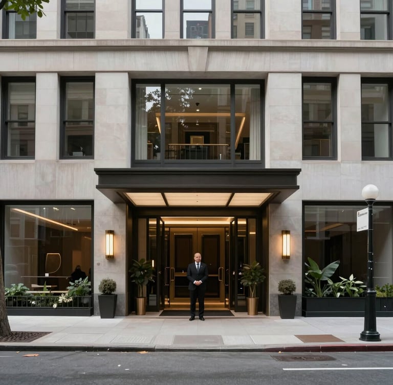 A clean, modern Manhattan street view at overcast midday, looking toward a luxury residential entrance with a doorman, sharp architectural details, high-end aesthetic.
