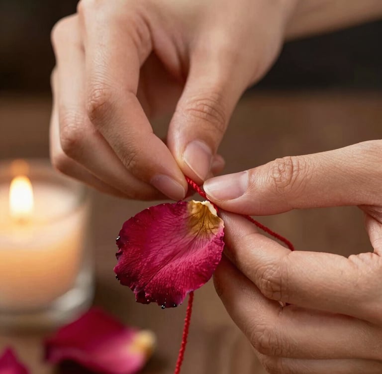 Extreme close-up of hands gently tying a soft red cotton thread around a dried rose petal, warm candlelight, dark background.