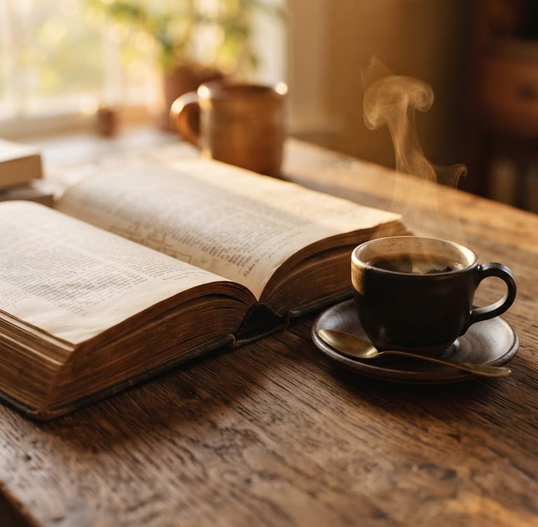 Warm editorial close-up of an open book on a rustic wooden table next to a steaming espresso cup, soft golden-hour window light, rich earth tones, 35mm