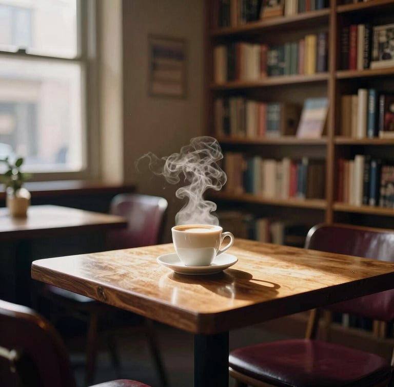 Warm interior of a rustic bookstore cafe, wooden tables, bookshelves in the background, steam rising from a fresh espresso cup, soft golden light filtering through a window, 35mm photography