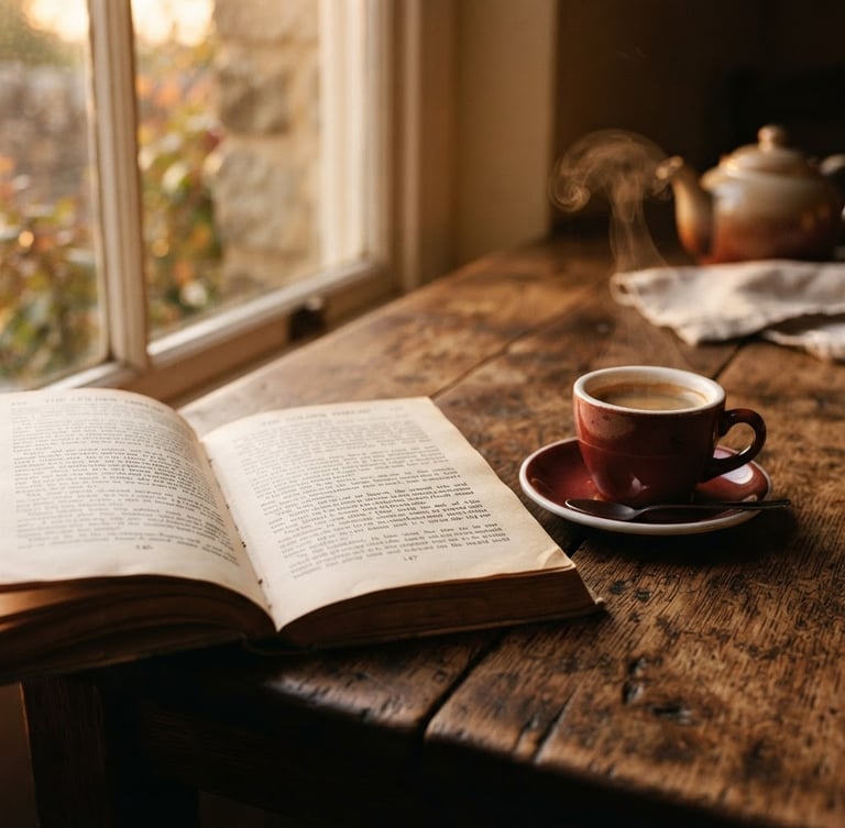 Warm editorial photography of an open book on a rustic wooden table next to a steaming espresso cup, soft golden-hour window light, rich earth tones, shallow depth of field, 35mm