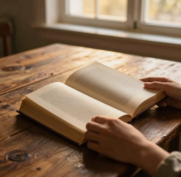 Hands holding an old open book over a rustic wooden table, soft golden-hour light, warm atmospheric tone