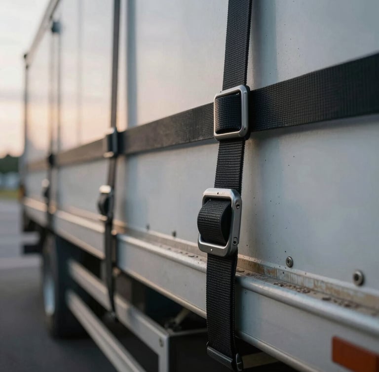 Close-up detail of heavy-duty cargo straps securing industrial freight inside a trailer, crisp early morning overcast light, metallic textures and road grit.