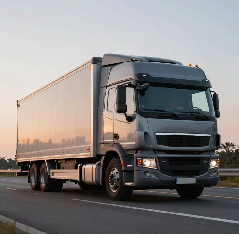Low-angle heroic shot of a clean, branded grey commercial truck in active transit on a highway at dawn, crisp early morning overcast light, metallic textures emphasized.