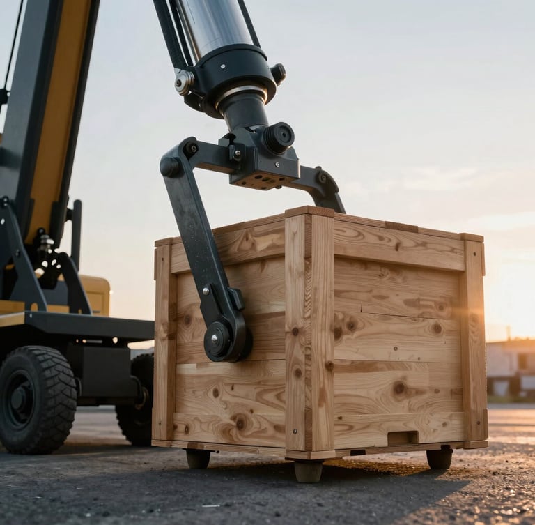 Low-angle heroic close-up of a heavy-duty hydraulic lift-gate lowering a large wooden crate onto flat asphalt, metallic textures, late afternoon low-angle sun.