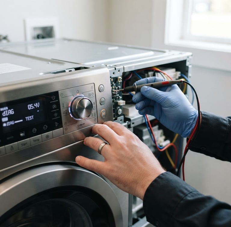 Close-up of clean hands using professional diagnostic tools on a modern washing machine control panel, bright natural indoor light, crisp metallic details.
