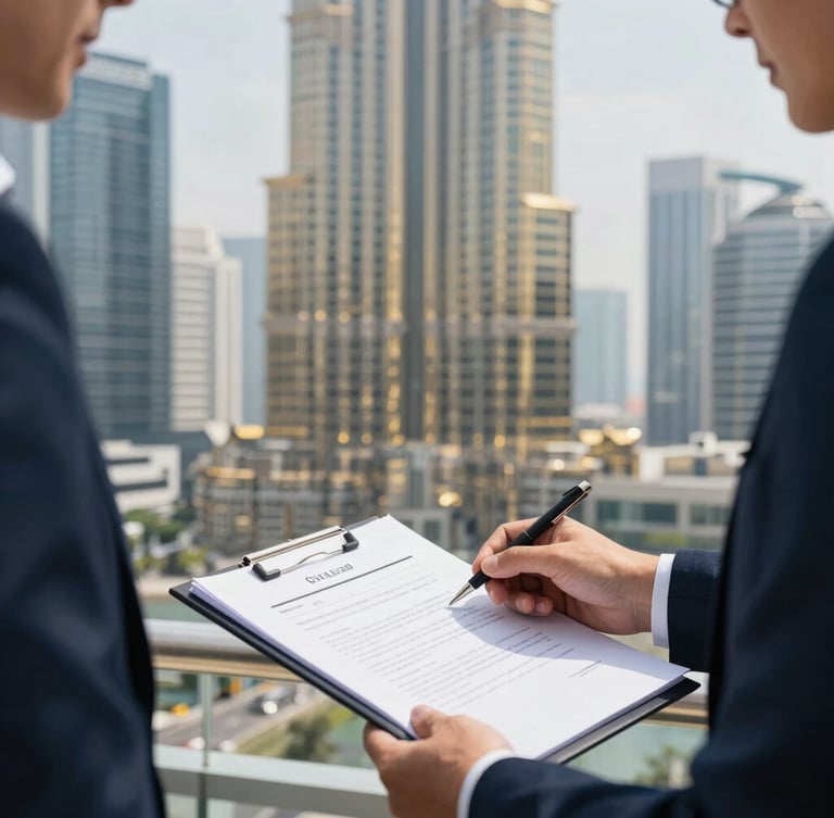Editorial corporate photography, bright natural daylight, clean navy and gold tones, a professional business consultation in a sleek high-rise Downtown Dubai office, close-up of legal documents, 35mm