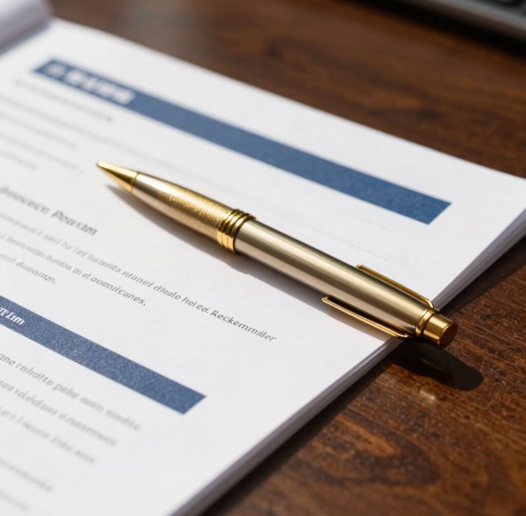 Editorial corporate photography, bright natural daylight, close-up of financial documents and gold pen on a dark wood desk, 35mm