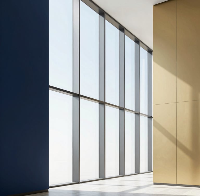 Minimalist modern office interior in Dubai, tall glass windows overlooking clean architectural lines, bright daylight, editorial corporate style