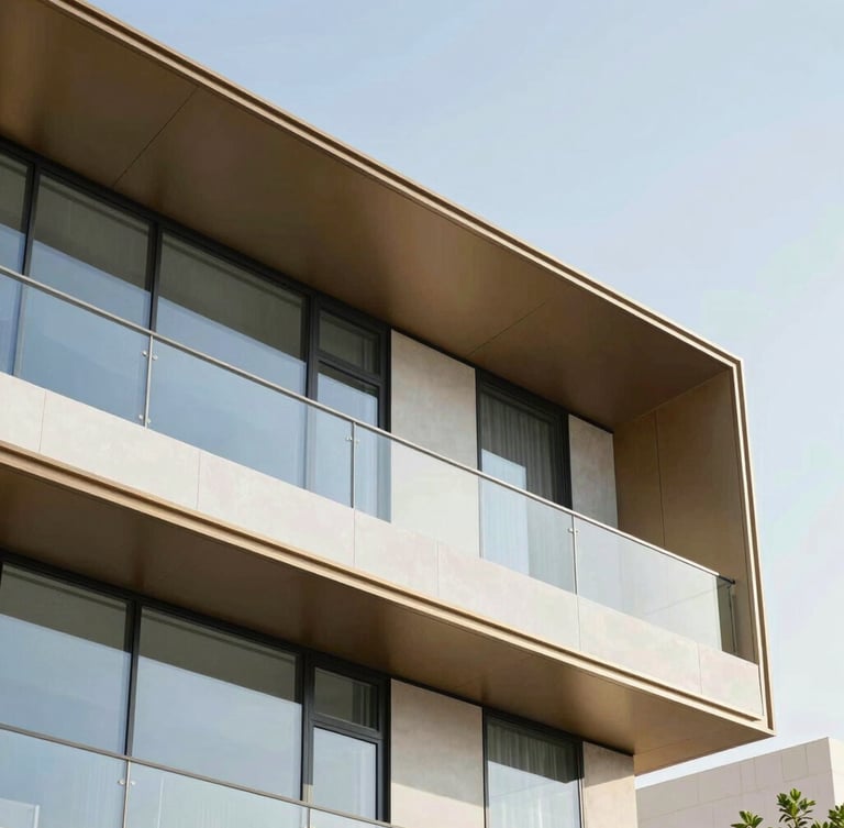 Bright high-key architectural detail of a premium modern villa in Dubai Hills, sharp geometric angles, soft daylight reflecting off glass, 35mm editorial corporate photography
