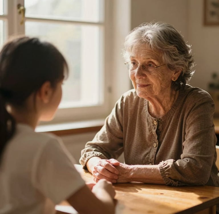 Candid portrait of an elder woman mentoring a young student at a wooden table, warm window light, soft focus background