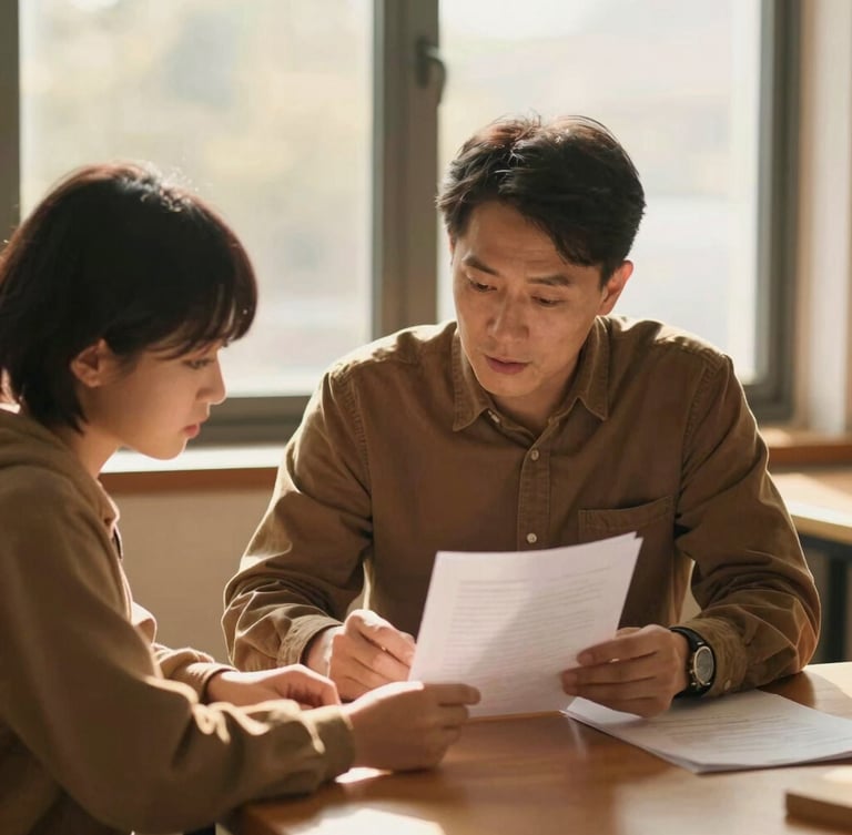 Candid medium shot of a mentor and student reviewing papers at a wooden table, warm golden hour light pouring through a window, 35mm photography