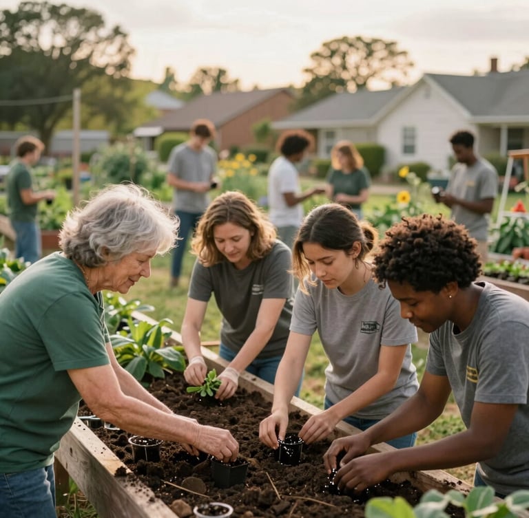 A vibrant neighborhood community garden with volunteers of diverse ages planting seeds together, warm soft late afternoon light, natural candid expressions.