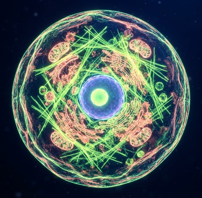 Extreme close-up (macro) of a vibrant biological cell structure, glowing with neon-lime and soft coral light, high contrast, deep space-blue background, sharp focus