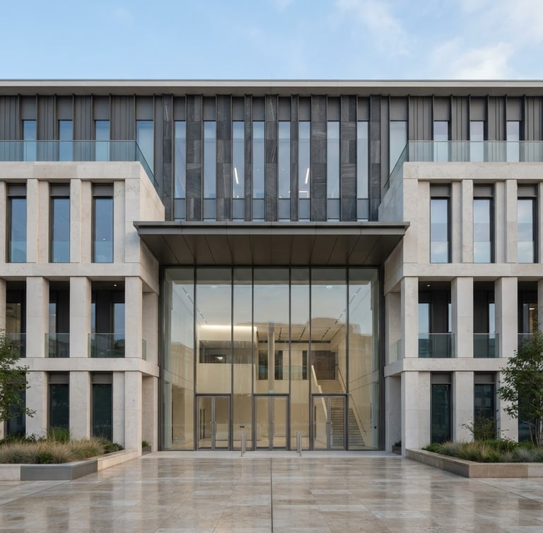 Symmetrical architectural photograph of a modern court building facade, clean lines of natural stone and glass, soft natural daylight, 35mm lens