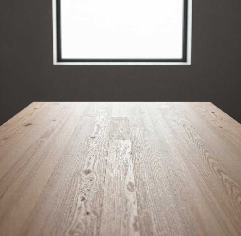 Minimalist close-up of a modern boardroom table made of light oak, subtle brass fittings, clean architectural lines, soft side lighting from a large window