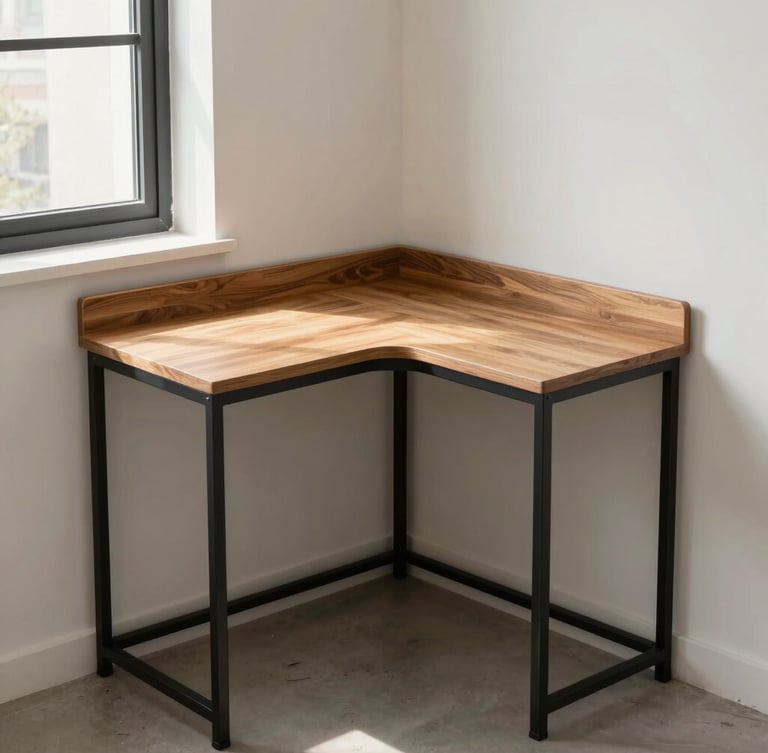 Straight-on architectural shot of a compact corner desk fitting perfectly in an urban apartment, warm wood texture and matte black metal legs, crisp natural window light casting soft shadows, 50mm lens.