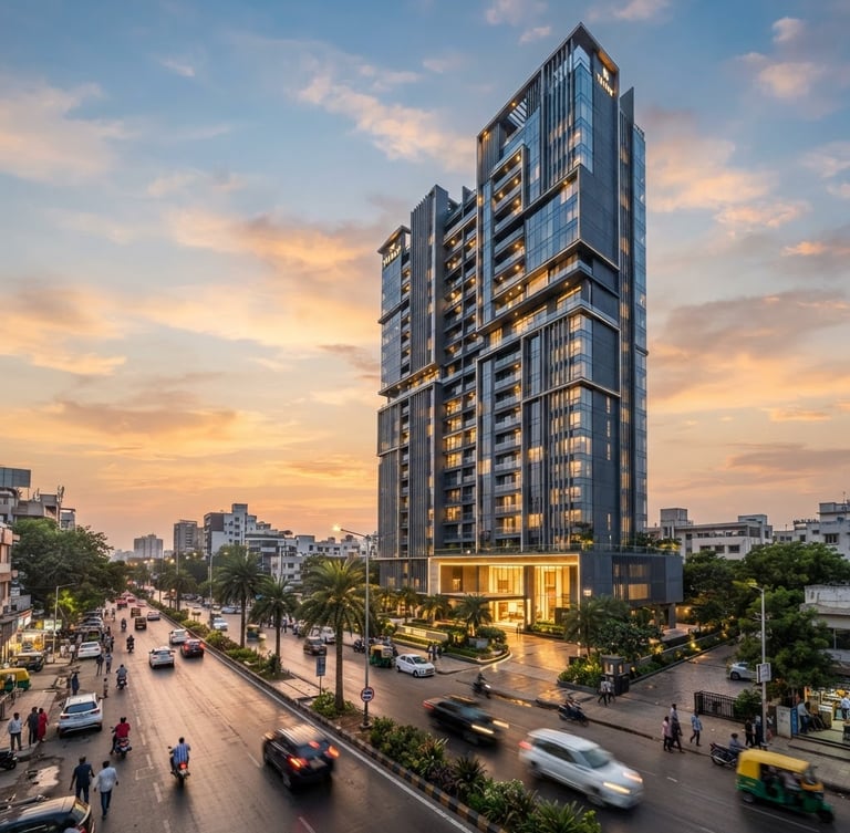 Wide-angle architectural perspective of a modern luxury high-rise in Ahmedabad at golden hour, sharp detail, rich deep slate tones, wide-angle lens, professional photography.