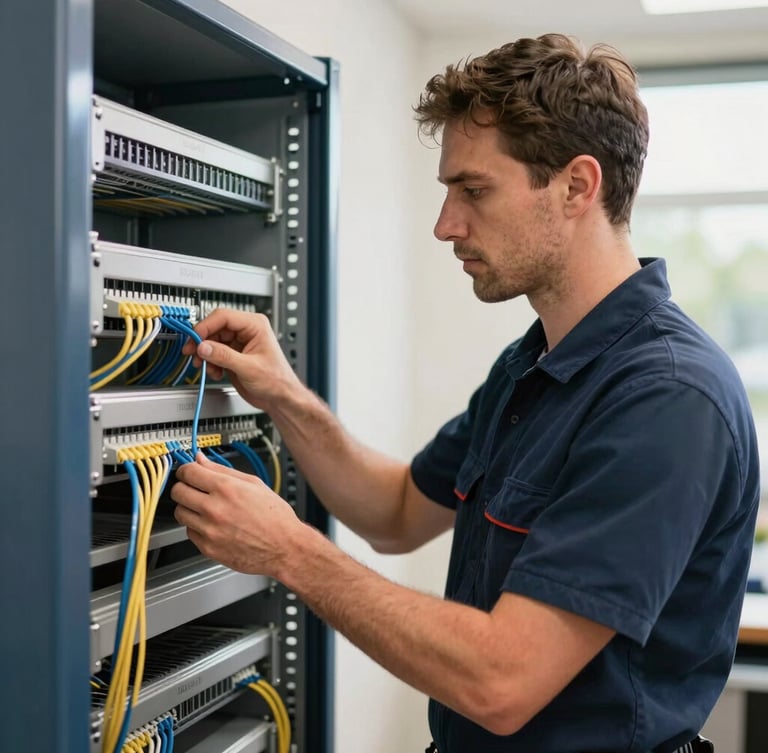 A professional Adelaide electrician in a clean navy uniform neatly installing structured data cabling in a commercial rack, bright natural daylight.